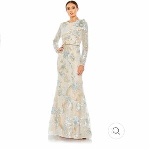 Mac Duggal Cream and Blue Floral Lace Gown